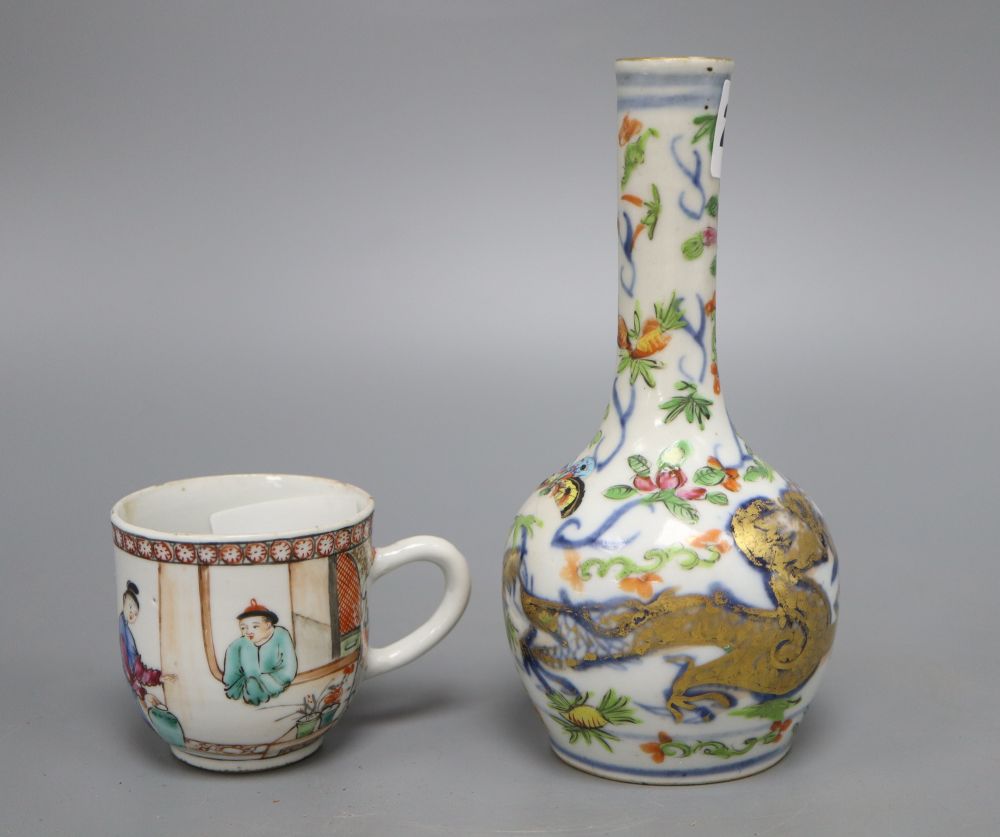 An 18th century Chinese famille rose teacup and a 19th century bottle vase, height 16.5cm